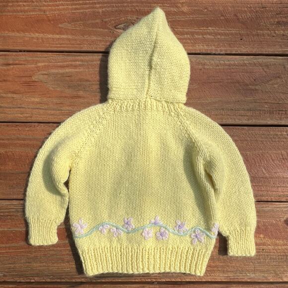 Vintage Hand Knit Baby Sweater 12M Hood Yellow Pink Flowers Cottagecore Cardigan - Picture 2 of 16